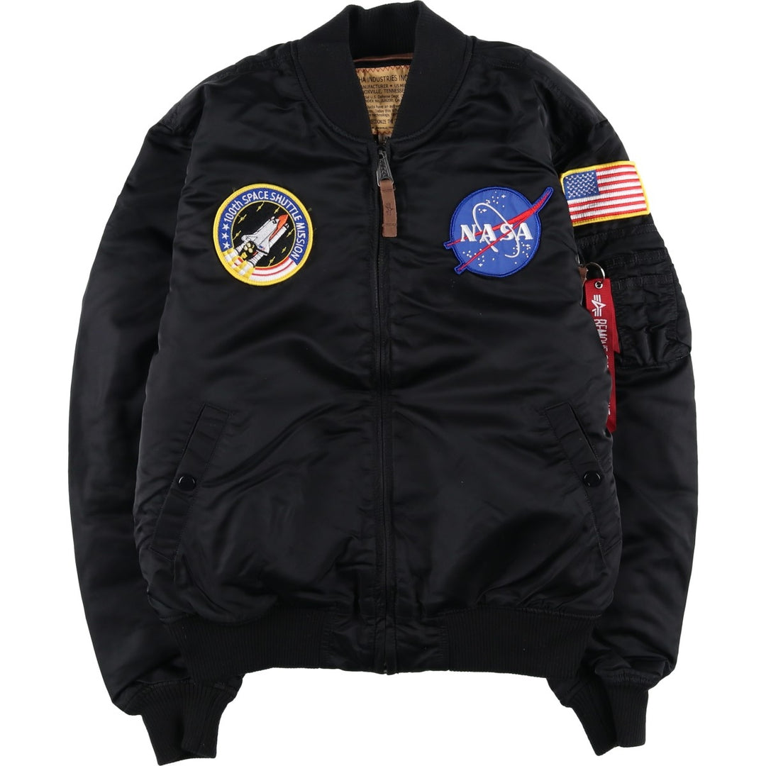 Civilian Alpha MA-1 style NASA Stars and Stripes pattern padded military flight jacket, men's size L Nylon black type Vintage Second Hand