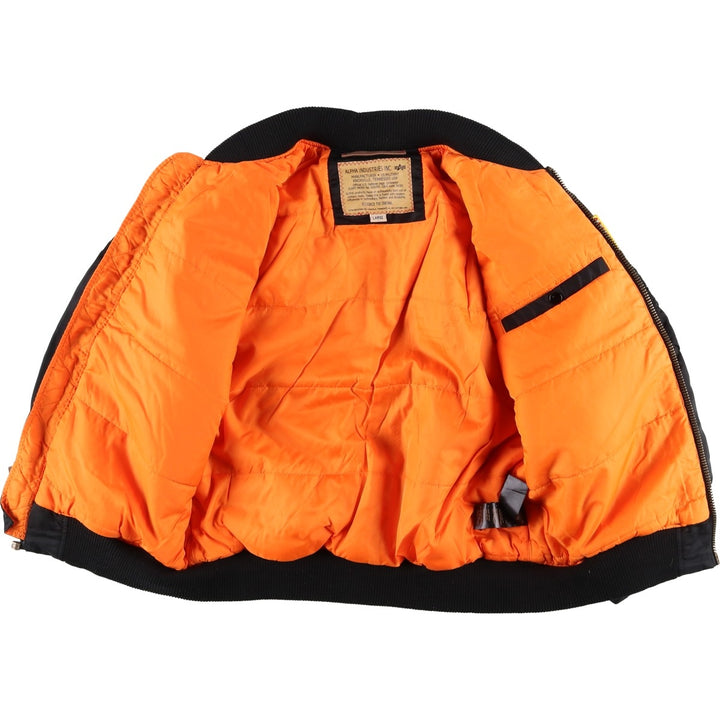 Civilian Alpha MA-1 style NASA Stars and Stripes pattern padded military flight jacket, men's size L Nylon black type Vintage Second Hand