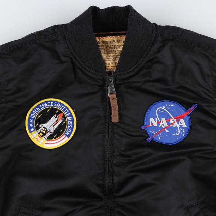 Civilian Alpha MA-1 style NASA Stars and Stripes pattern padded military flight jacket, men's size L Nylon black type Vintage Second Hand