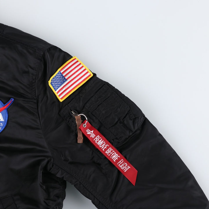 Civilian Alpha MA-1 style NASA Stars and Stripes pattern padded military flight jacket, men's size L Nylon black type Vintage Second Hand