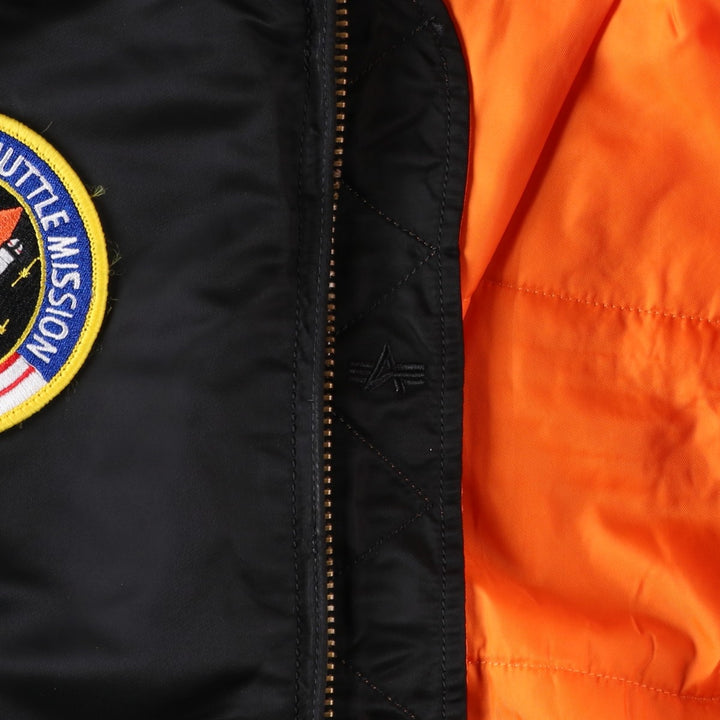 Civilian Alpha MA-1 style NASA Stars and Stripes pattern padded military flight jacket, men's size L Nylon black type Vintage Second Hand