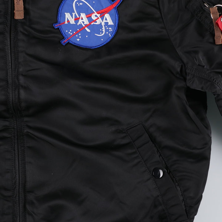 Civilian Alpha MA-1 style NASA Stars and Stripes pattern padded military flight jacket, men's size L Nylon black type Vintage Second Hand