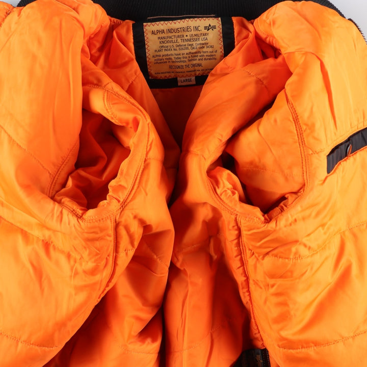 Civilian Alpha MA-1 style NASA Stars and Stripes pattern padded military flight jacket, men's size L Nylon black type Vintage Second Hand