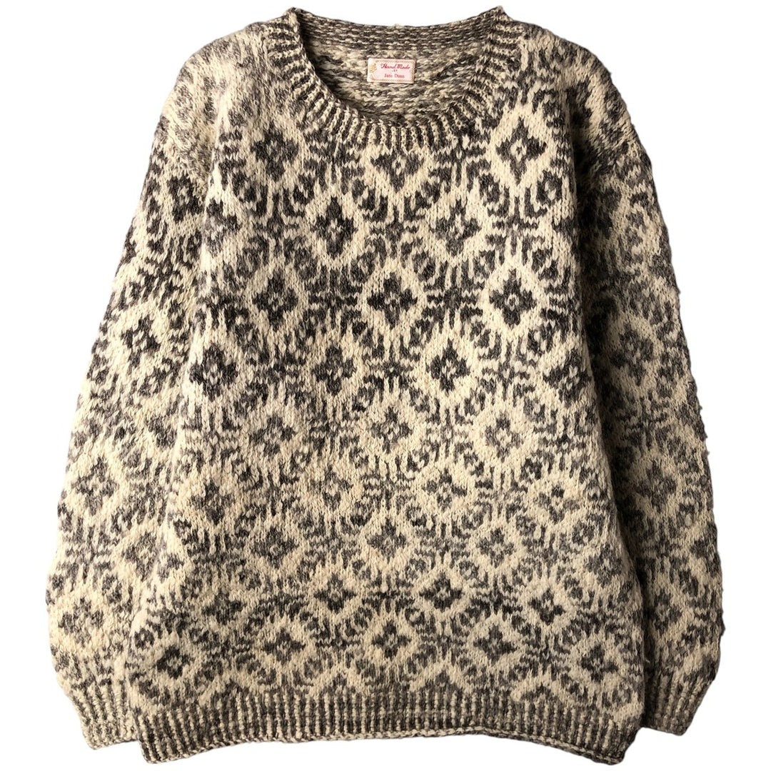 JANE DUNN all-over print wool knit sweater, men's size L unclear Beige type Vintage Second Hand