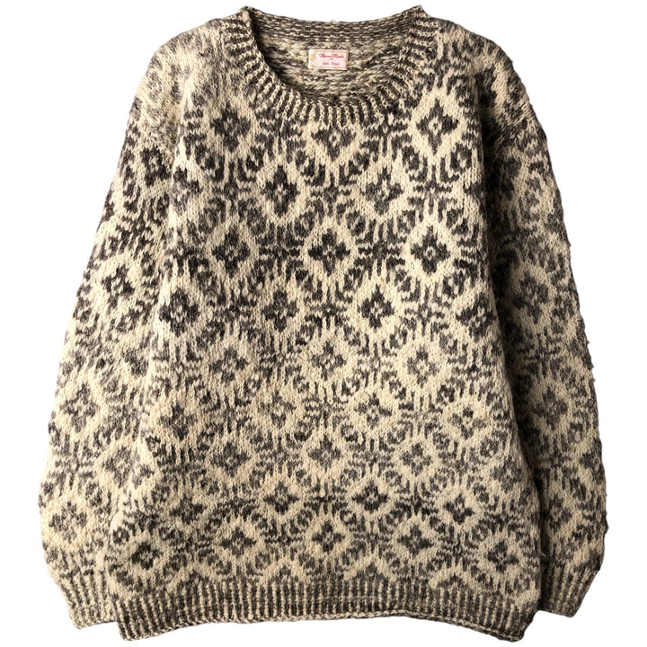 JANE DUNN all-over print wool knit sweater, men's size L unclear Beige type Vintage Second Hand