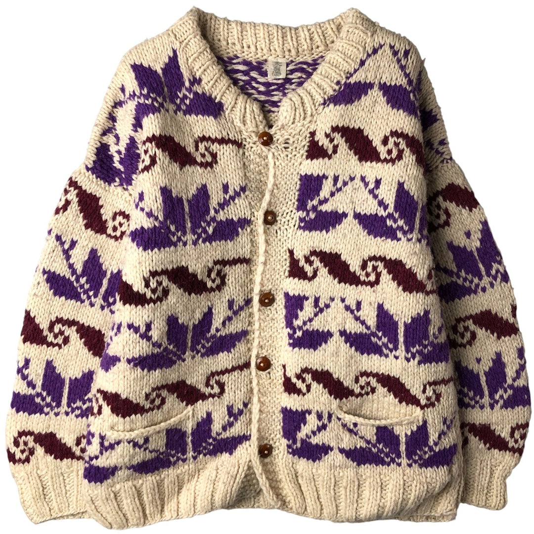 All-over print Ecuadorian knit cardigan, made in Ecuador, men's size XL wool Beige type Vintage Second Hand