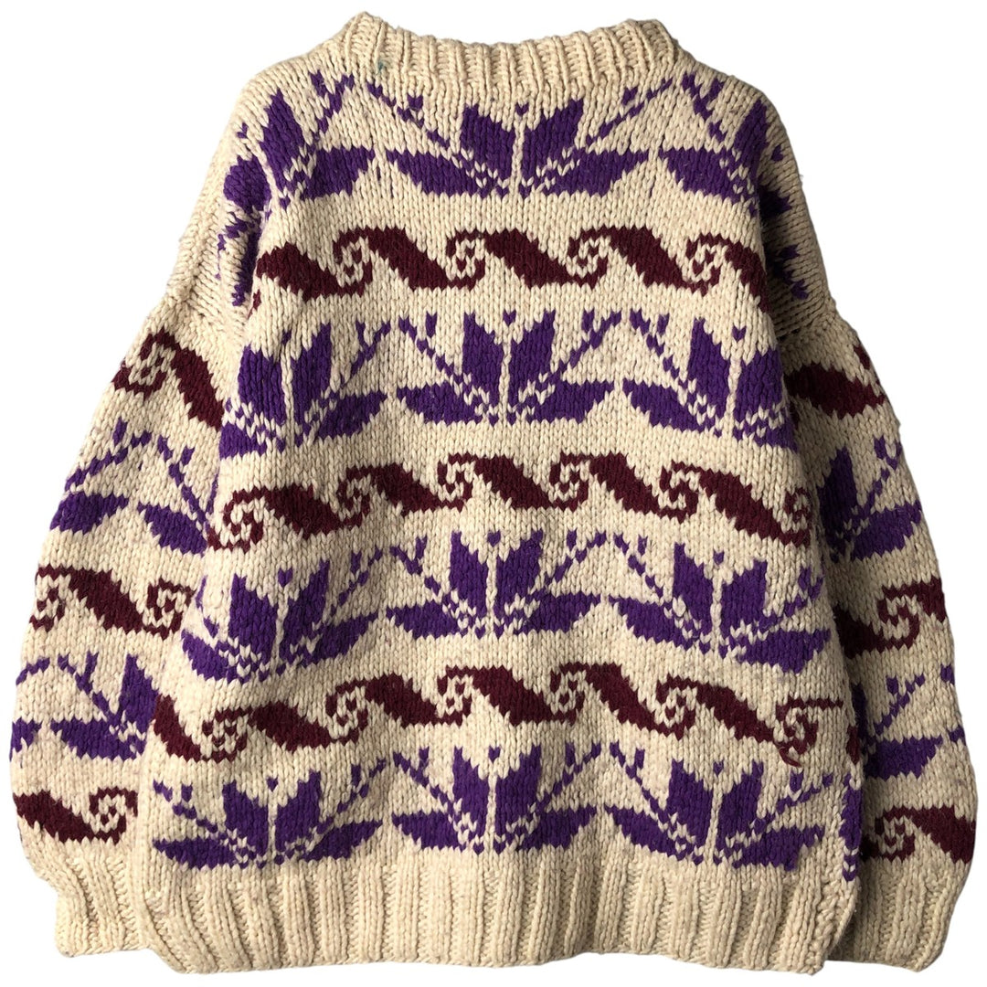 All-over print Ecuadorian knit cardigan, made in Ecuador, men's size XL wool Beige type Vintage Second Hand