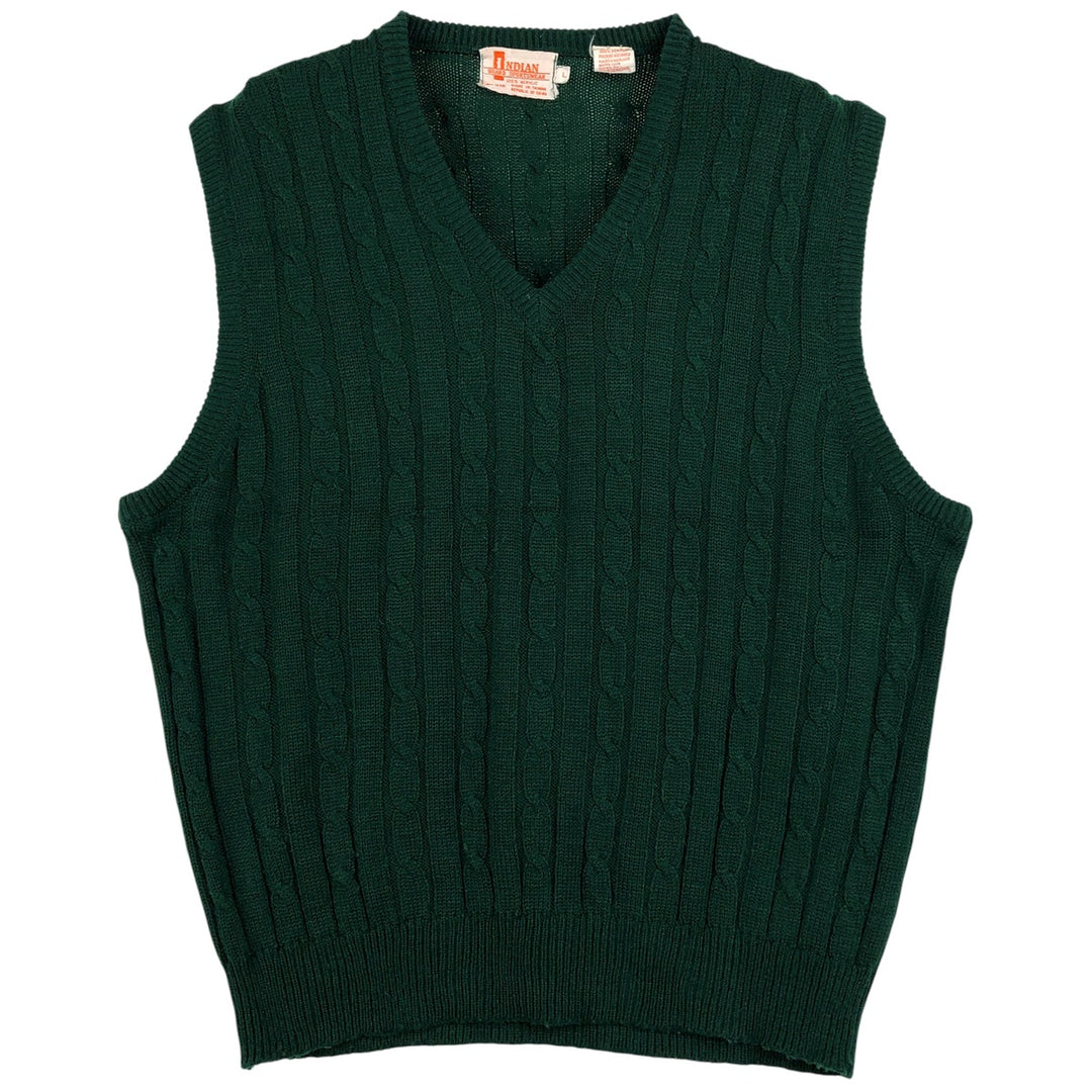 Vintage INDIAN cable knit V-neck acrylic knit vest, size L, men's size L acrylic green type Vintage Second Hand