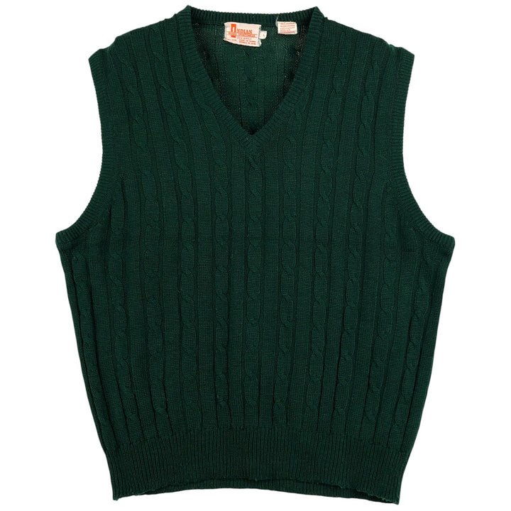 Vintage INDIAN cable knit V-neck acrylic knit vest, size L, men's size L acrylic green type Vintage Second Hand