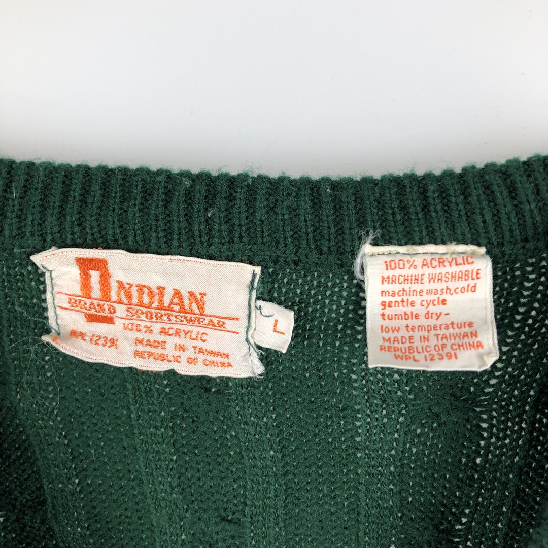 Vintage INDIAN cable knit V-neck acrylic knit vest, size L, men's size L acrylic green type Vintage Second Hand