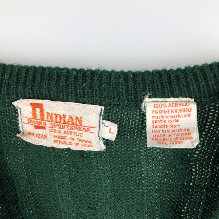 Vintage INDIAN cable knit V-neck acrylic knit vest, size L, men's size L acrylic green type Vintage Second Hand
