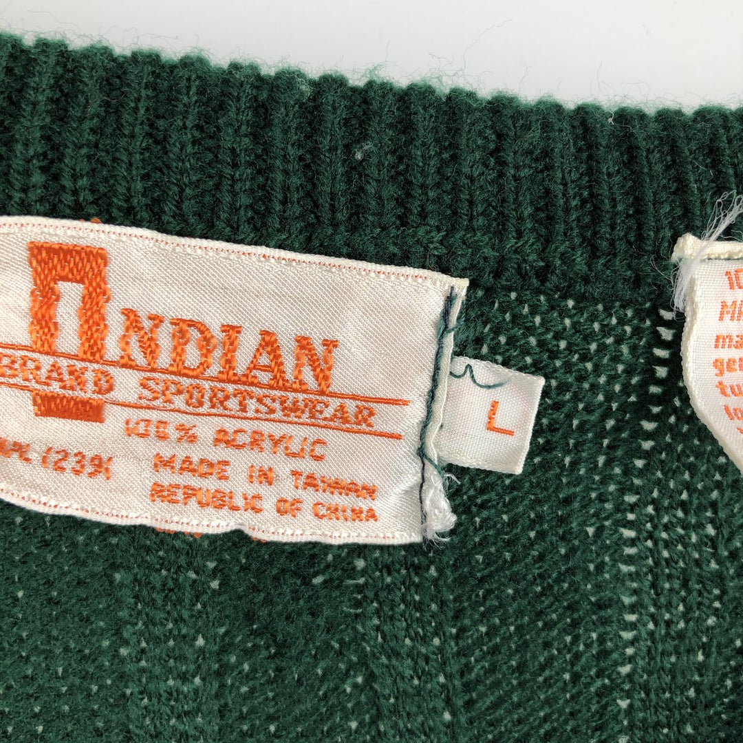 Vintage INDIAN cable knit V-neck acrylic knit vest, size L, men's size L acrylic green type Vintage Second Hand
