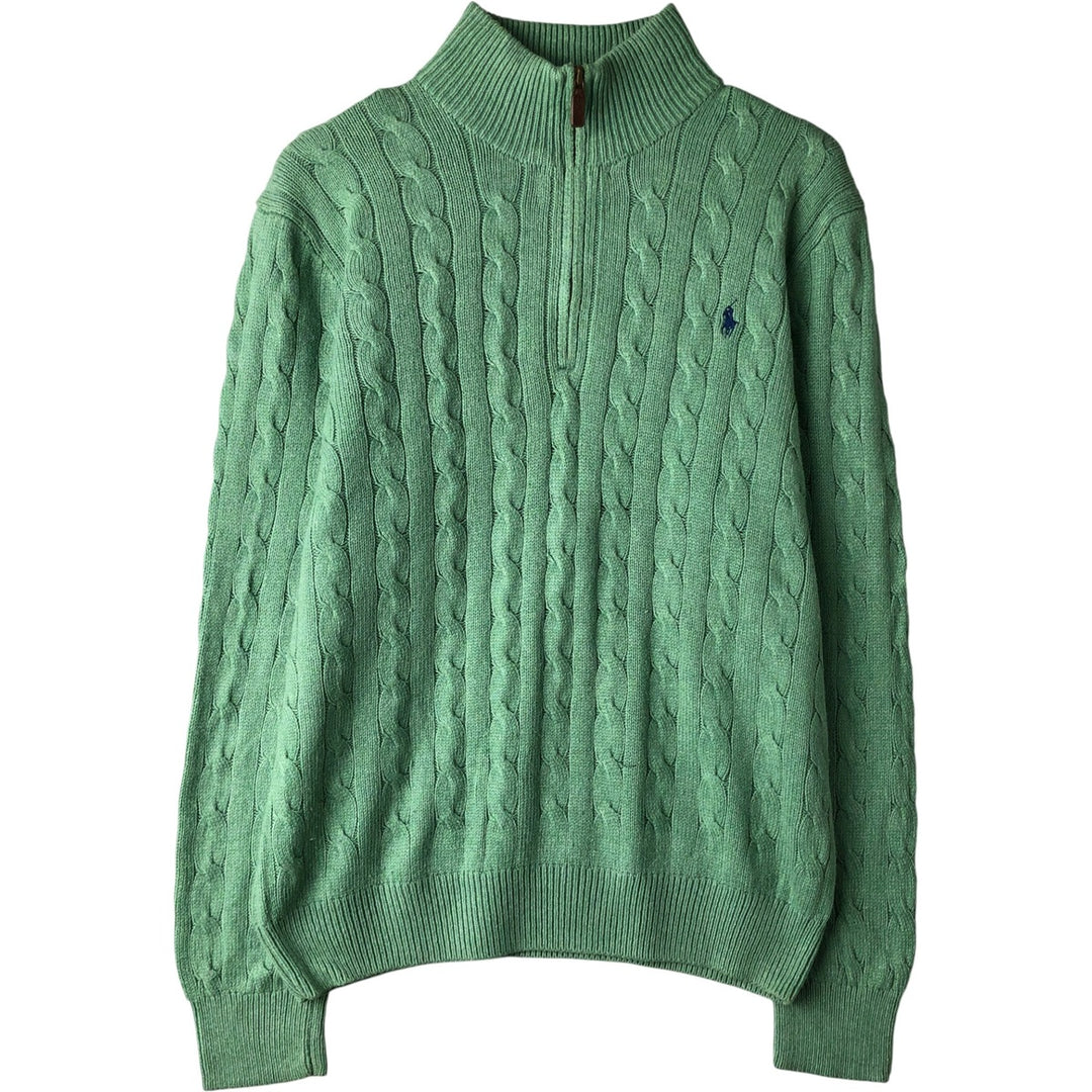 Ralph Lauren POLO RALPH LAUREN cable knit silk knit half-zip sweater, men's size L silk green type yellow green Vintage Second Hand