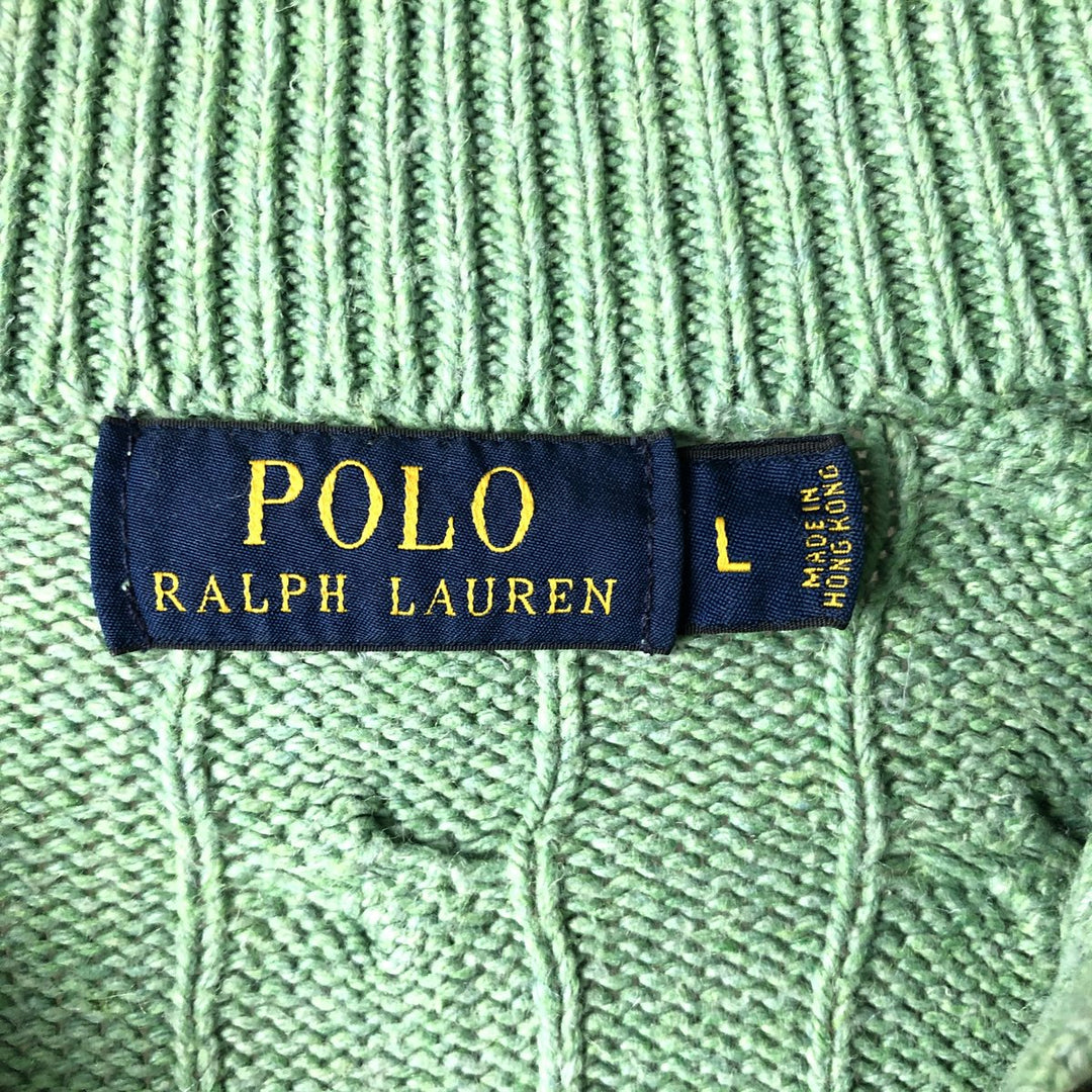 Ralph Lauren POLO RALPH LAUREN cable knit silk knit half-zip sweater, men's size L silk green type yellow green Vintage Second Hand