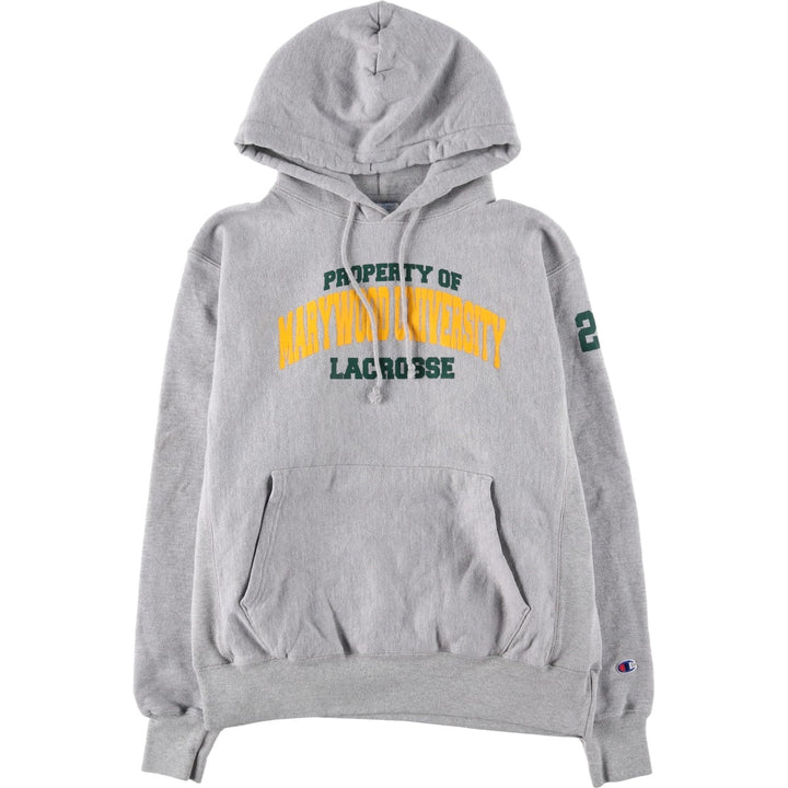 Champion Reverse Weave 3-row print college sweatshirt pullover hoodie, size M for men cotton gray type Vintage Second Hand