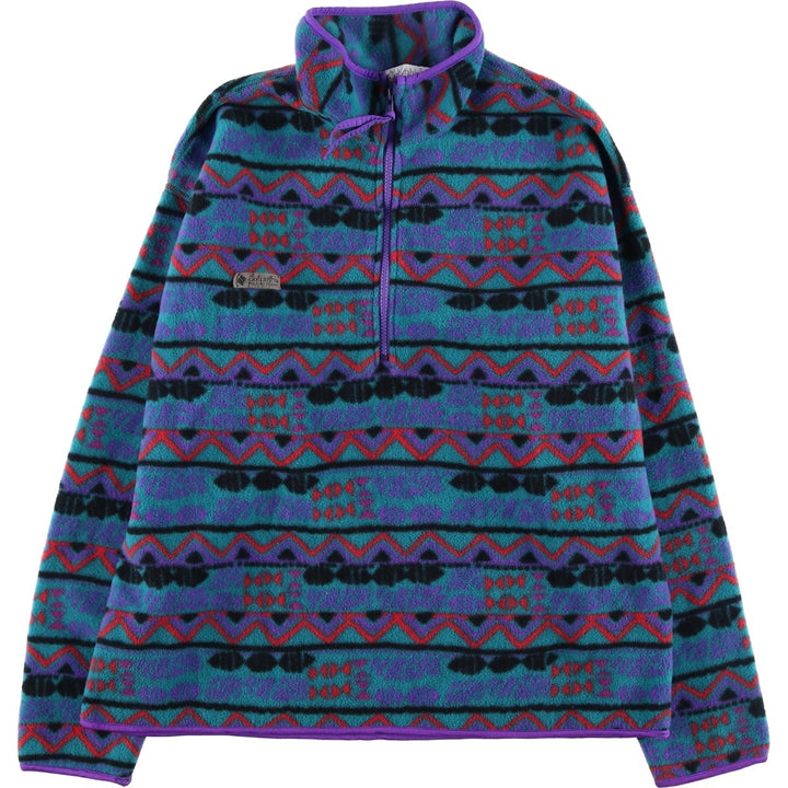 90'S Columbia White Tag All-Over Print Half-Zip Fleece Pullover, Made in USA, Women's XL, Vintage polyester turquoise blue Vintage Second Hand