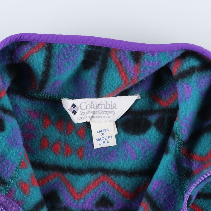 90'S Columbia White Tag All-Over Print Half-Zip Fleece Pullover, Made in USA, Women's XL, Vintage polyester turquoise blue Vintage Second Hand