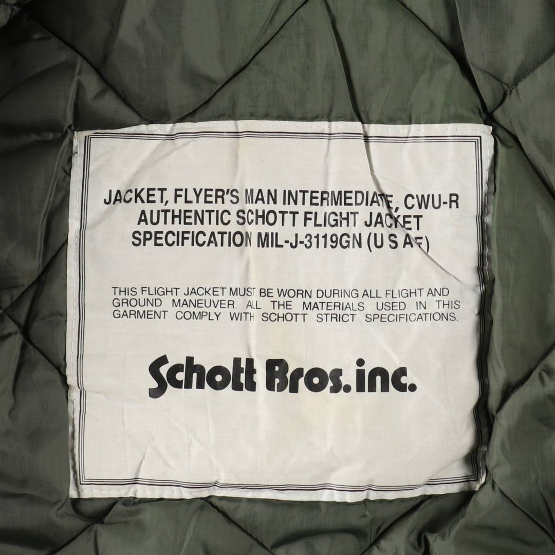 Civilian-made Schott CWU-R type padded military flight jacket, large size (equivalent to men's L). Nylon Khaki type Vintage Second Hand