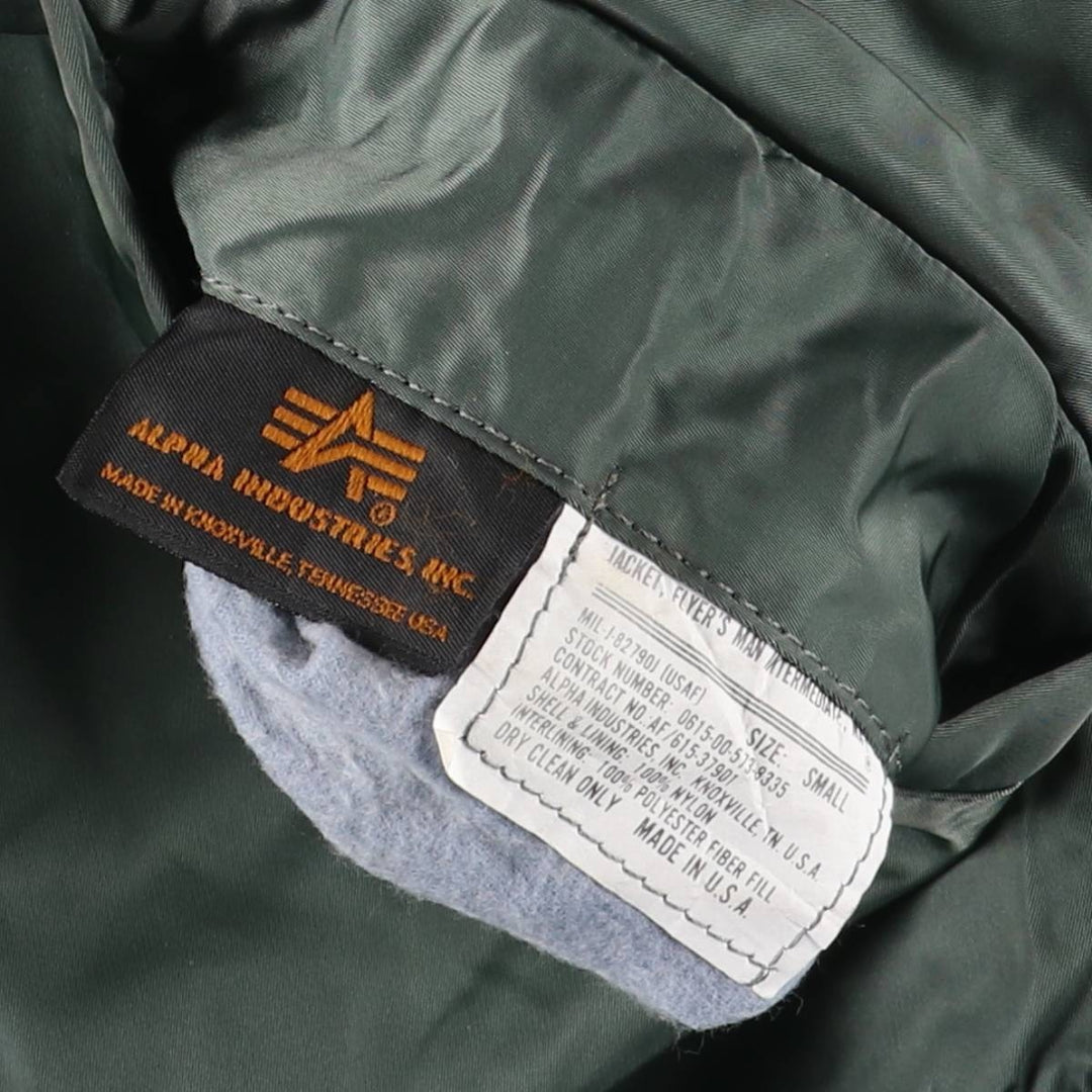 90'S civilian Alpha MA-1 style padded military flight jacket, made in the USA, small, men's size S Nylon Khaki type Vintage Second Hand