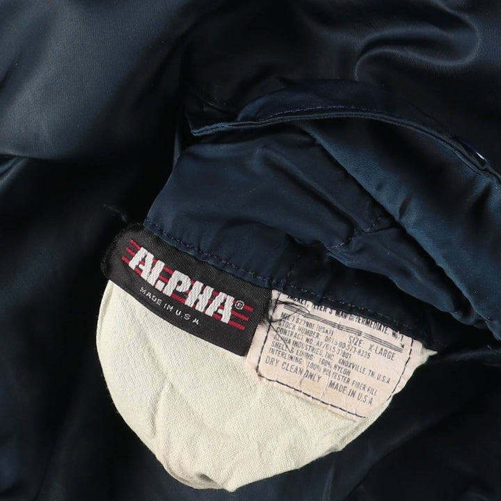 90'S Civilian Alpha MA-1 Type Padded Military Flight Jacket Made in USA X-LARGE Men's XL Nylon navy blue type Vintage Second Hand
