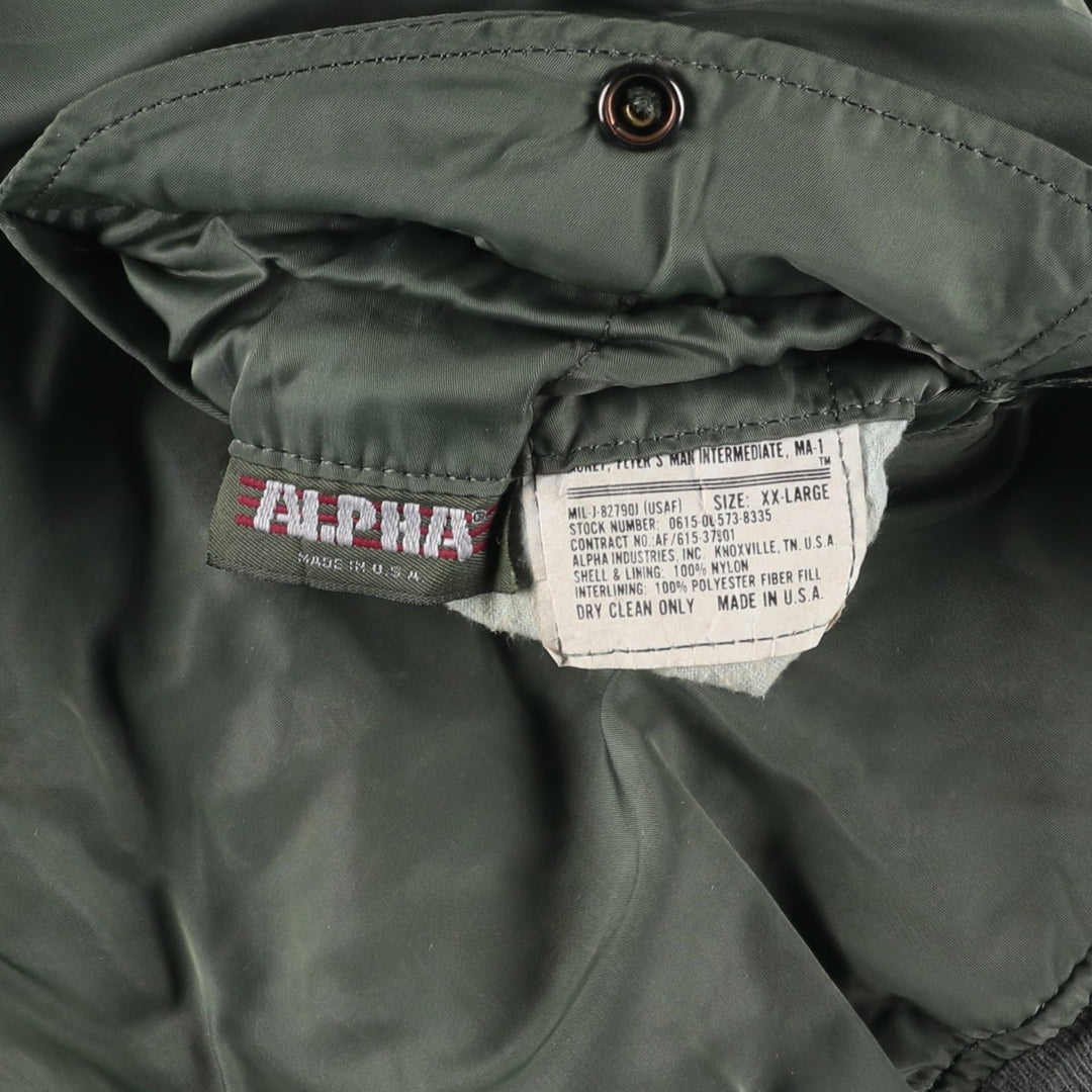 Vintage 80s-90'S Alpha MA-1 style padded military flight jacket, made in the USA, men's size XXL Nylon Khaki type Vintage Second Hand