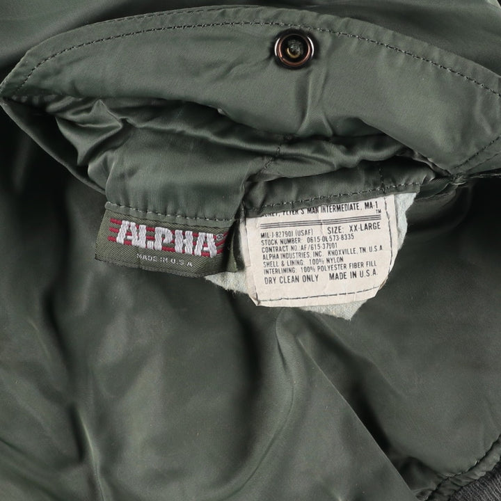 Vintage 80s-90'S Alpha MA-1 style padded military flight jacket, made in the USA, men's size XXL Nylon Khaki type Vintage Second Hand