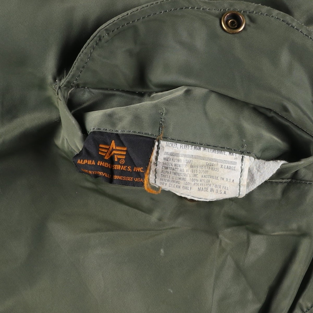 90'S civilian Alpha MA-1 style padded military flight jacket, made in the USA, men's size XL Nylon Khaki type Vintage Second Hand