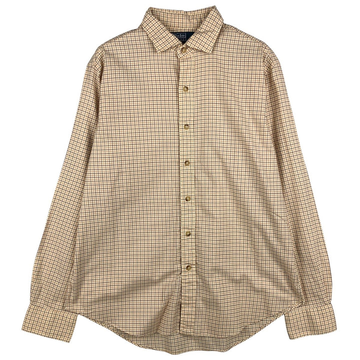 Ralph Lauren POLO by Ralph Lauren wide-collar long-sleeved cotton check shirt, men's size L cotton Beige type Vintage Second Hand