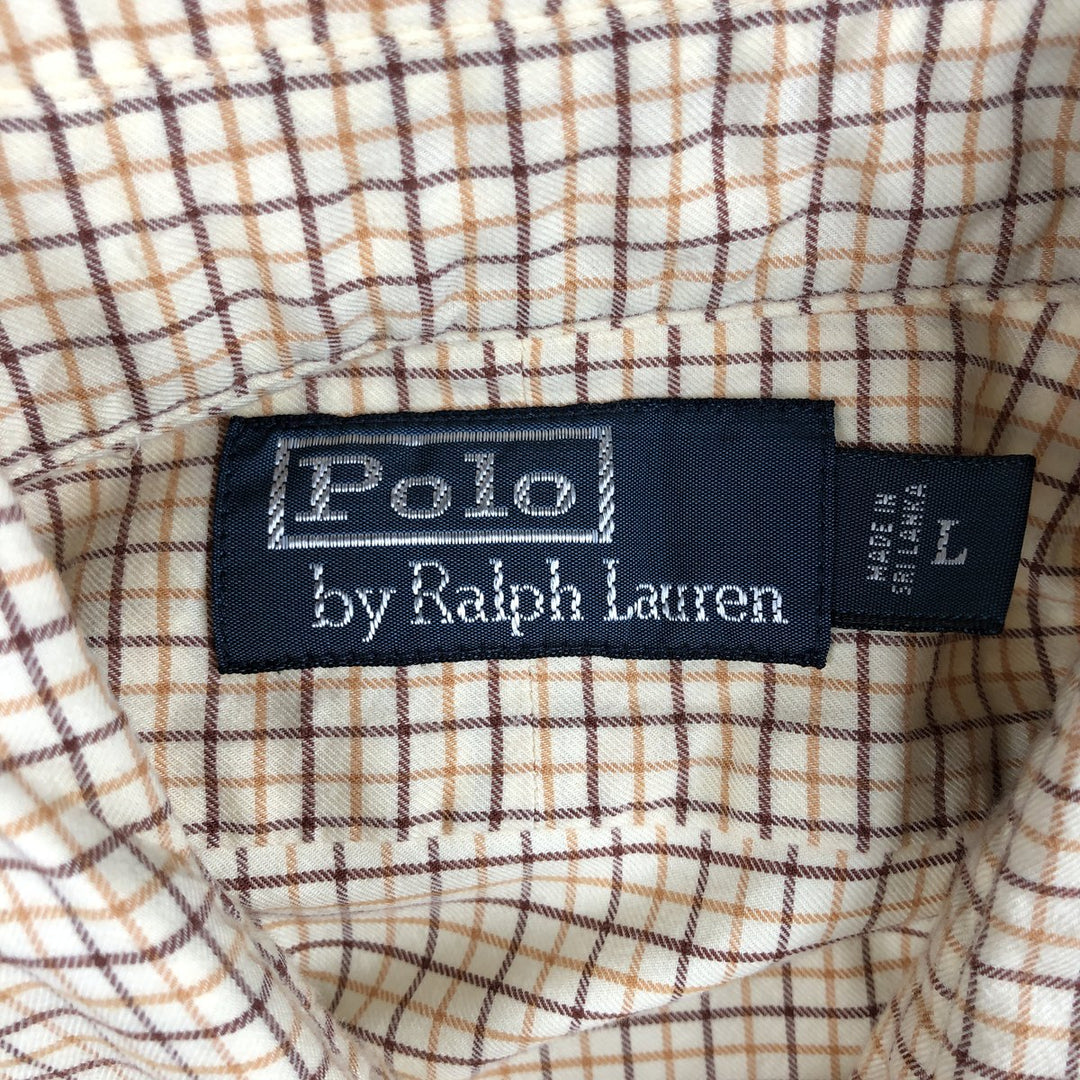 Ralph Lauren POLO by Ralph Lauren wide-collar long-sleeved cotton check shirt, men's size L cotton Beige type Vintage Second Hand