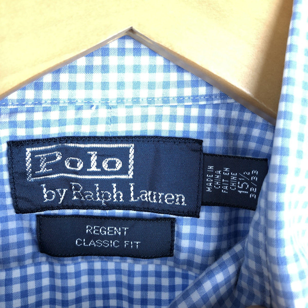 POLO by Ralph Lauren REGENT CLASSIC FIT gingham check long-sleeved cotton check shirt, men's size M cotton Blue type light blue Vintage Second Hand