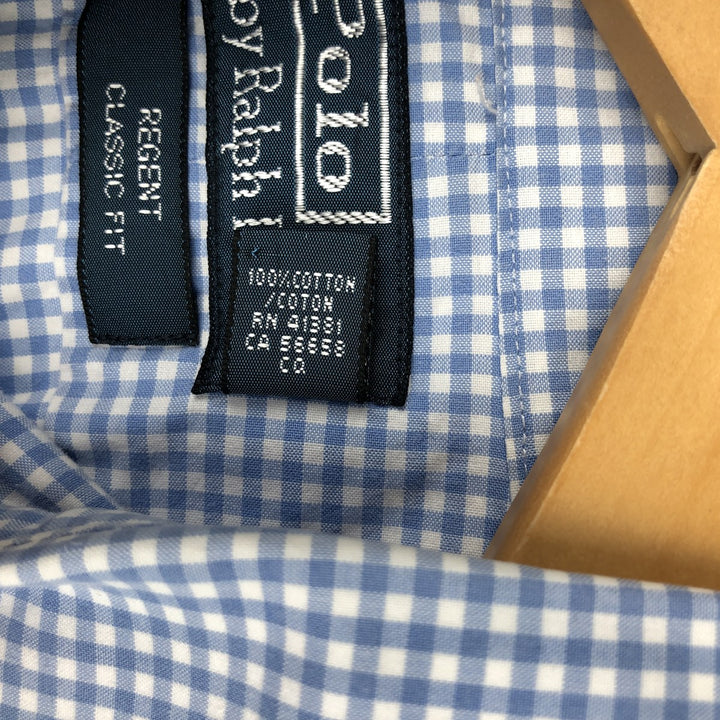 POLO by Ralph Lauren REGENT CLASSIC FIT gingham check long-sleeved cotton check shirt, men's size M cotton Blue type light blue Vintage Second Hand
