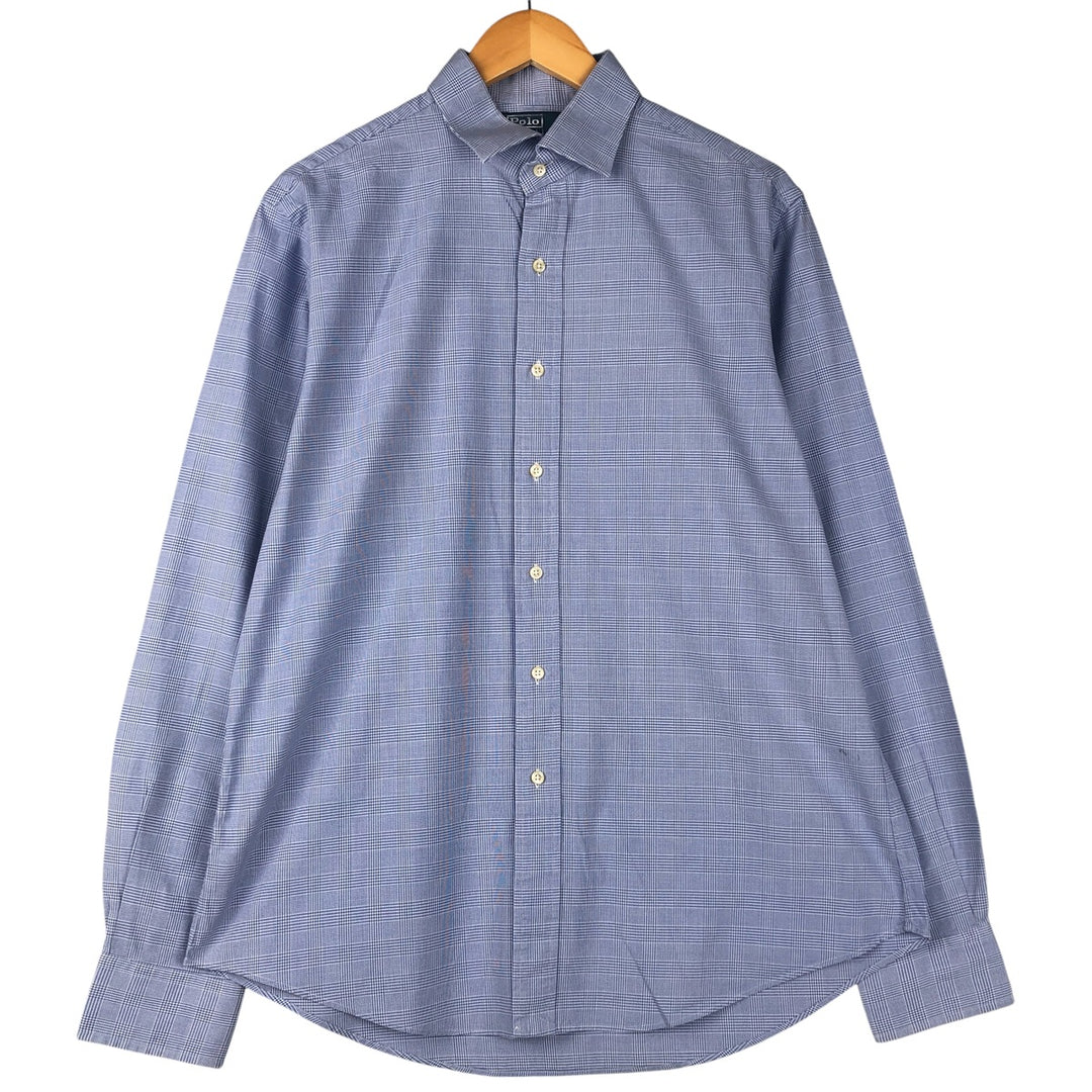 POLO by Ralph Lauren Glen Plaid Wide Collar Long Sleeve Cotton Check Shirt, Men's Size L cotton blue type Vintage Second Hand
