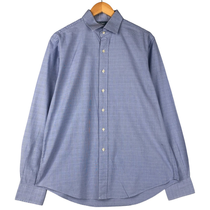 POLO by Ralph Lauren Glen Plaid Wide Collar Long Sleeve Cotton Check Shirt, Men's Size L cotton blue type Vintage Second Hand