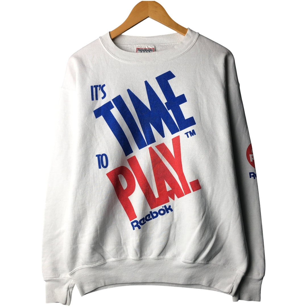 1980'S Reebok "IT'S TIME TO PLAY" Tricolor Print Sweatshirt, Made in USA, Men's Size L cotton white type Vintage Second Hand