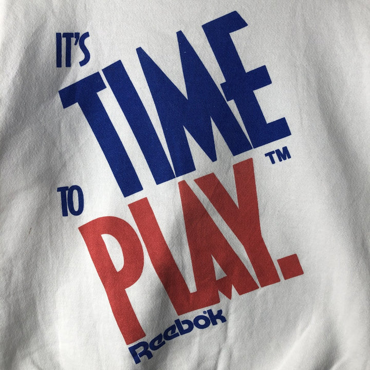 1980'S Reebok "IT'S TIME TO PLAY" Tricolor Print Sweatshirt, Made in USA, Men's Size L cotton white type Vintage Second Hand
