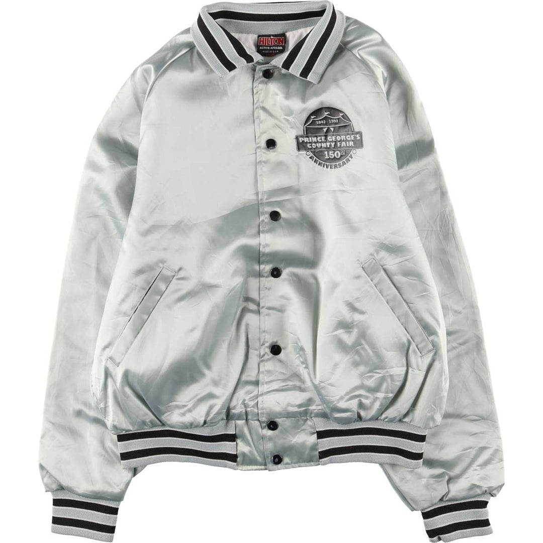 Vintage 80s-90'S Hilton Nylon Varsity Jacket, Made in USA, Size L, Men's Nylon Silver type Vintage Second Hand