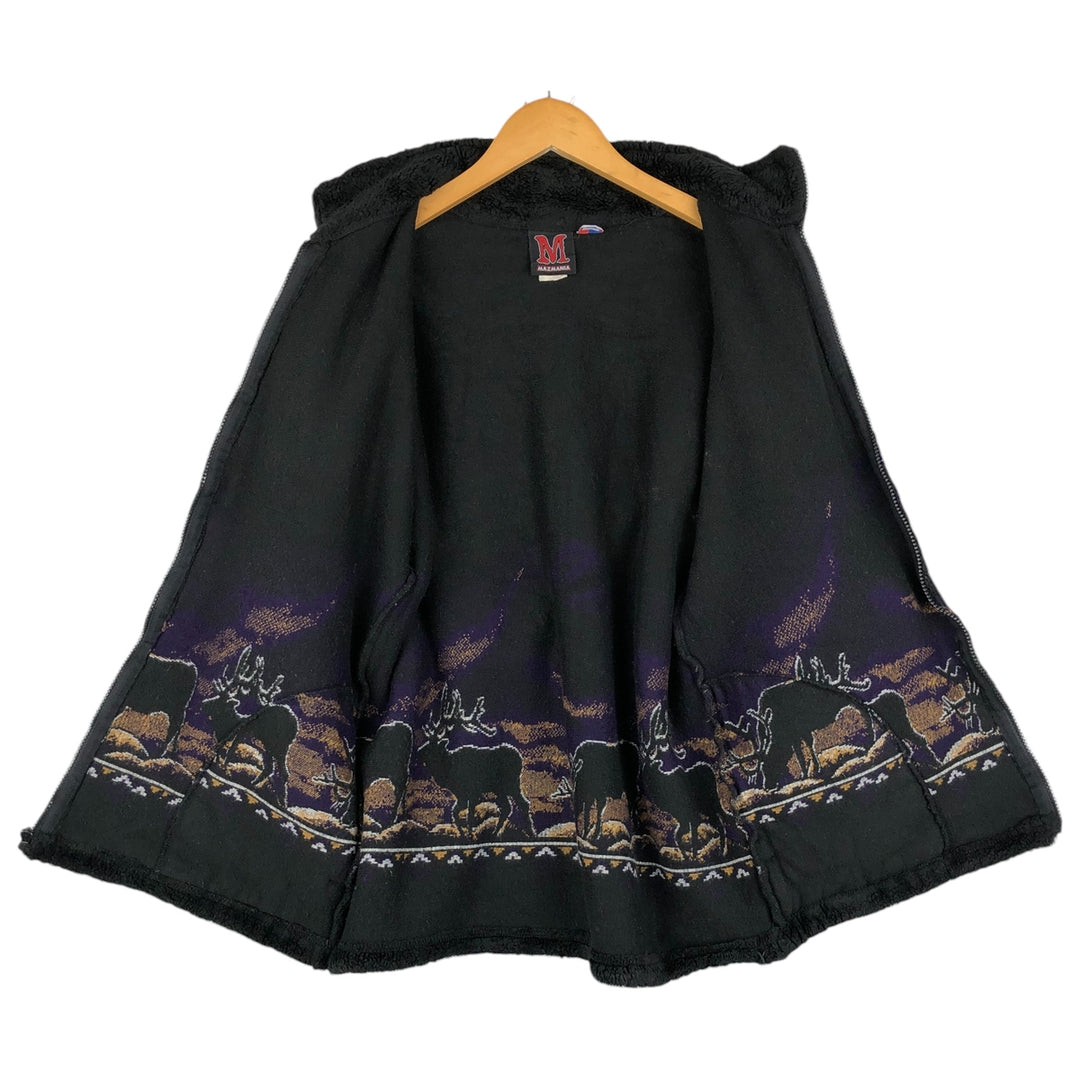 Vintage 90'S MAZMANIA all-over reindeer pattern fleece jacket, made in the USA, size L, men's acrylic black type Vintage Second Hand