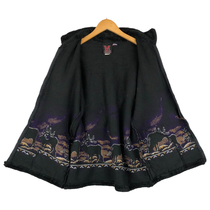 Vintage 90'S MAZMANIA all-over reindeer pattern fleece jacket, made in the USA, size L, men's acrylic black type Vintage Second Hand