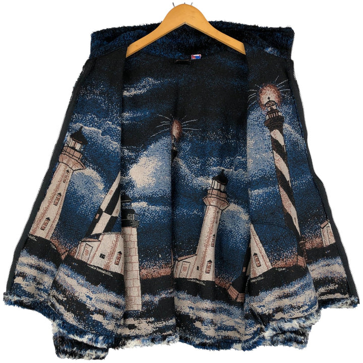 Vintage 90'S MAZMANIA all-over print fleece jacket, made in the USA, size L, men's unclear black type Vintage Second Hand