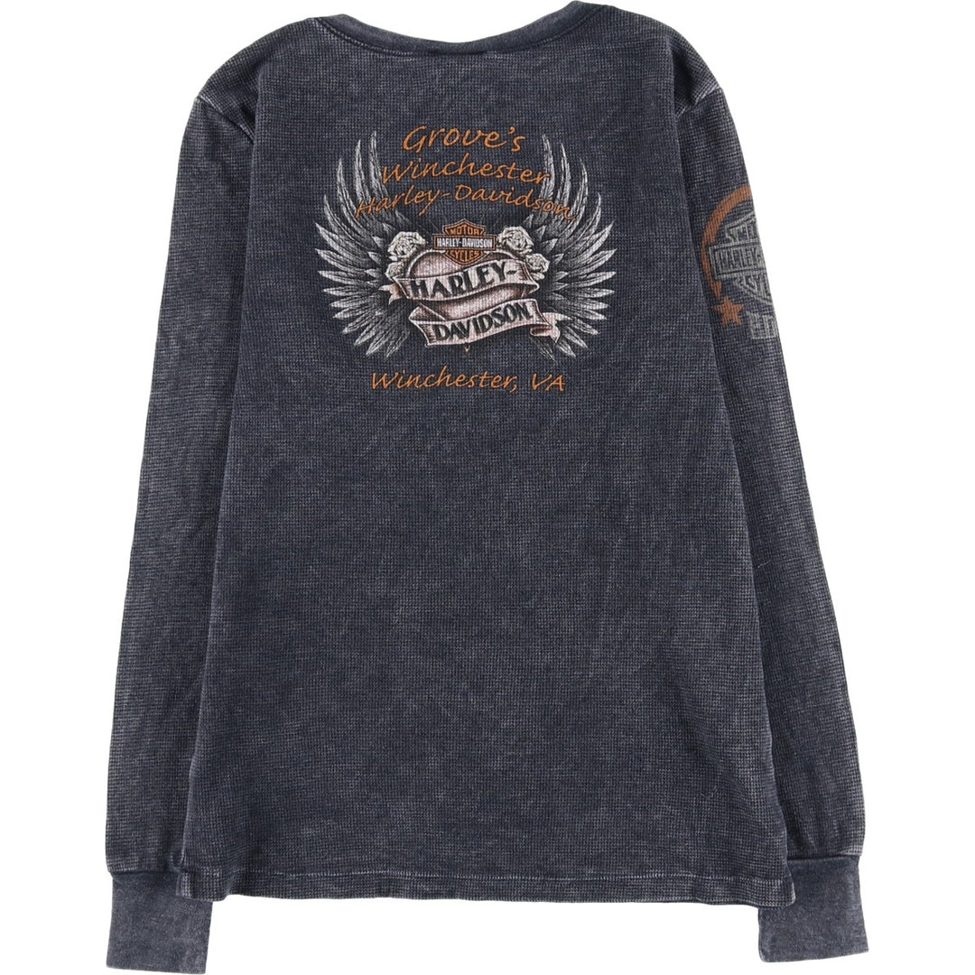 Harley-Davidson Skull Pattern Tribal V-Neck Thermal Long T-Shirt, Waffle, Men's Size Small cotton Charcoal Vintage Second Hand