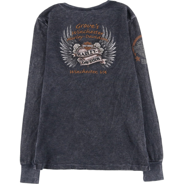 Harley-Davidson Skull Pattern Tribal V-Neck Thermal Long T-Shirt, Waffle, Men's Size Small cotton Charcoal Vintage Second Hand