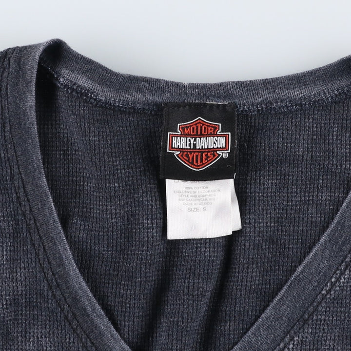 Harley-Davidson Skull Pattern Tribal V-Neck Thermal Long T-Shirt, Waffle, Men's Size Small cotton Charcoal Vintage Second Hand