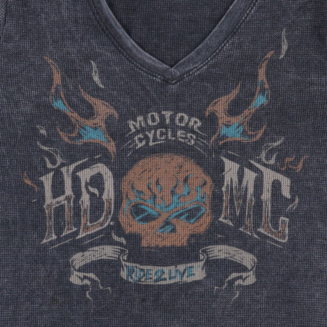 Harley-Davidson Skull Pattern Tribal V-Neck Thermal Long T-Shirt, Waffle, Men's Size Small cotton Charcoal Vintage Second Hand