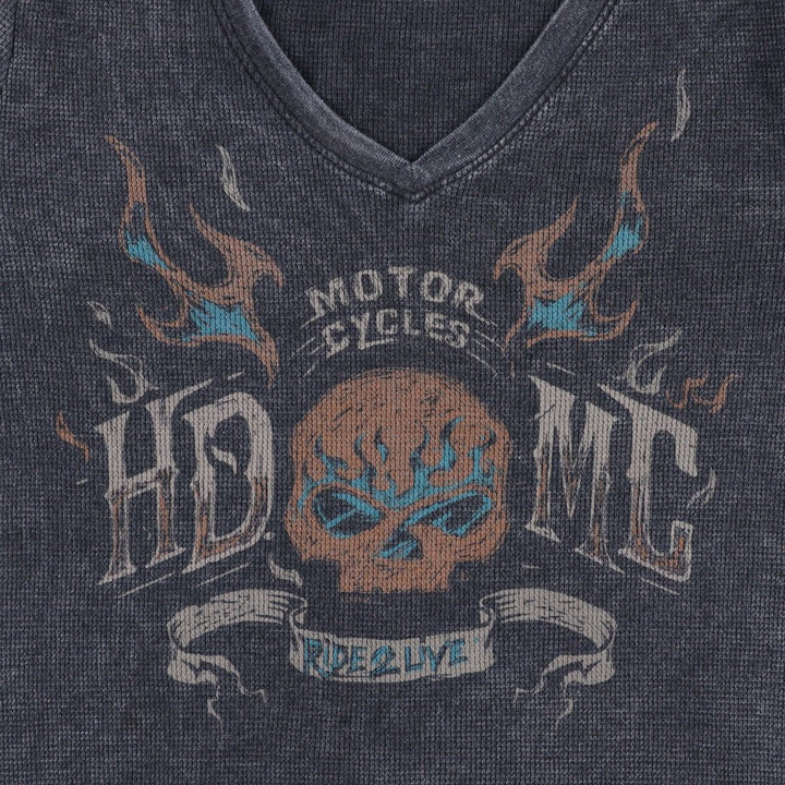 Harley-Davidson Skull Pattern Tribal V-Neck Thermal Long T-Shirt, Waffle, Men's Size Small cotton Charcoal Vintage Second Hand