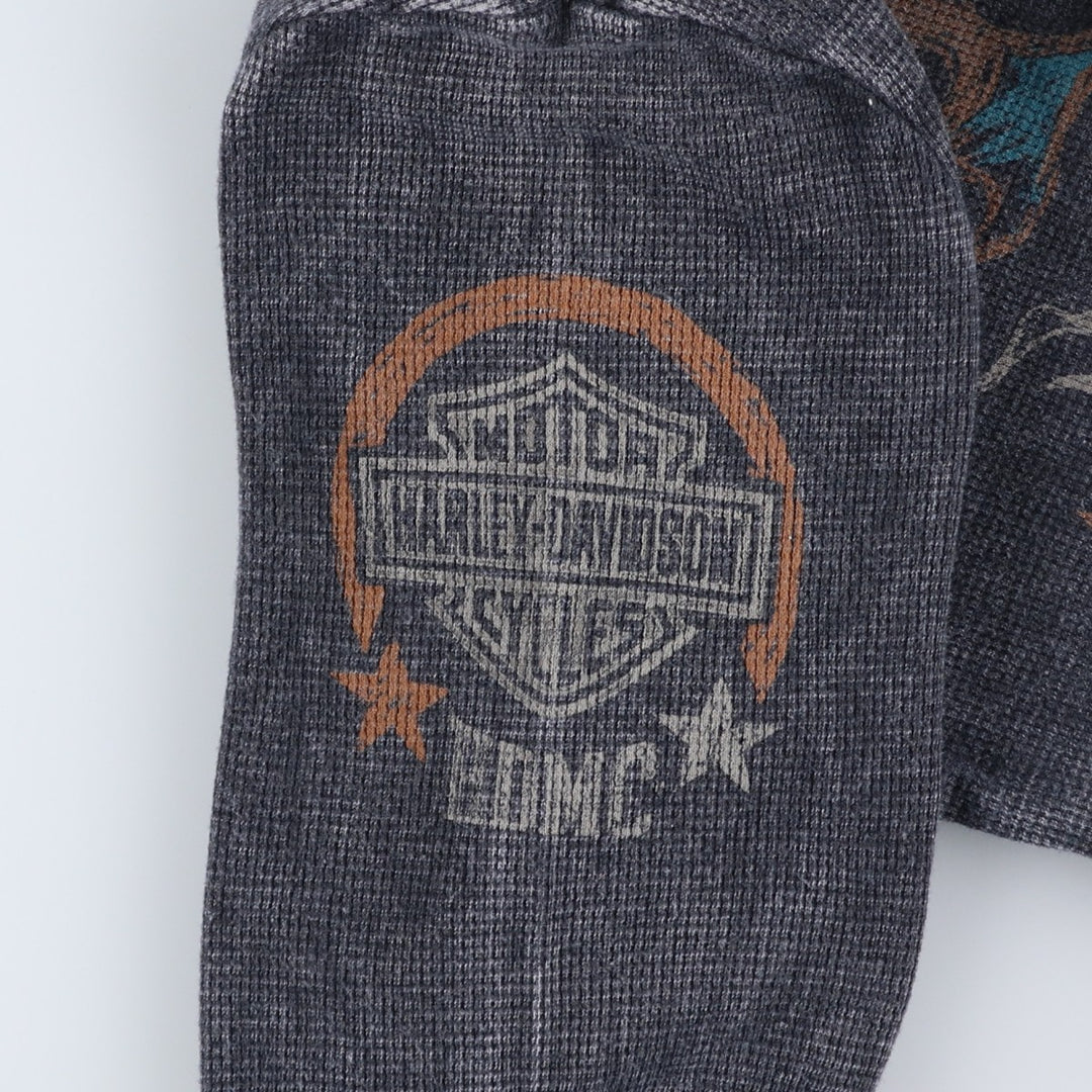 Harley-Davidson Skull Pattern Tribal V-Neck Thermal Long T-Shirt, Waffle, Men's Size Small cotton Charcoal Vintage Second Hand