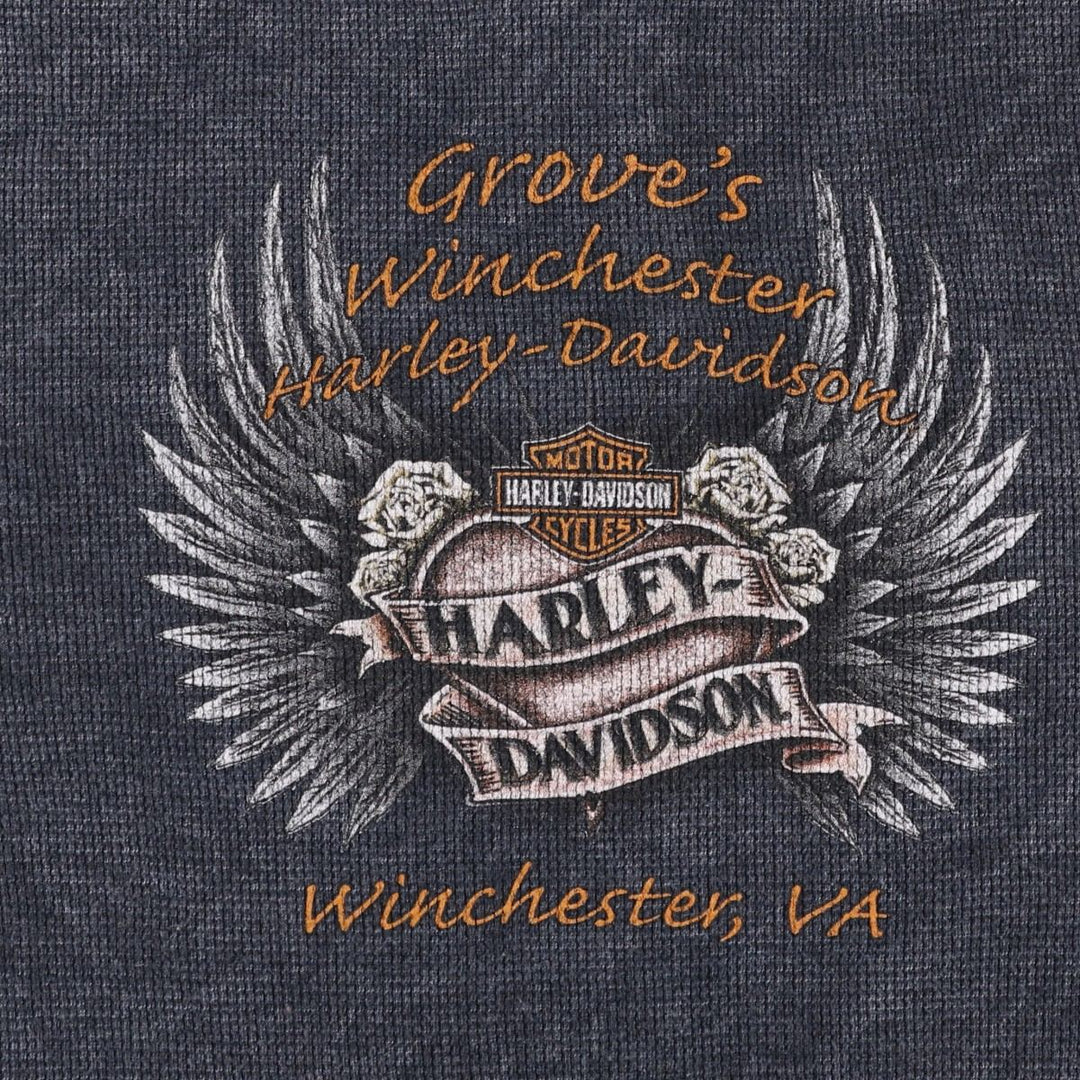 Harley-Davidson Skull Pattern Tribal V-Neck Thermal Long T-Shirt, Waffle, Men's Size Small cotton Charcoal Vintage Second Hand