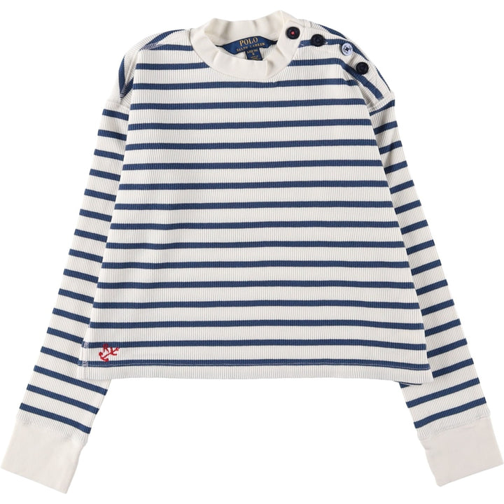 Ralph Lauren POLO RALPH LAUREN Striped Pattern Thermal Long T-Shirt, Waffle, Women's Size L cotton blue type Vintage Second Hand