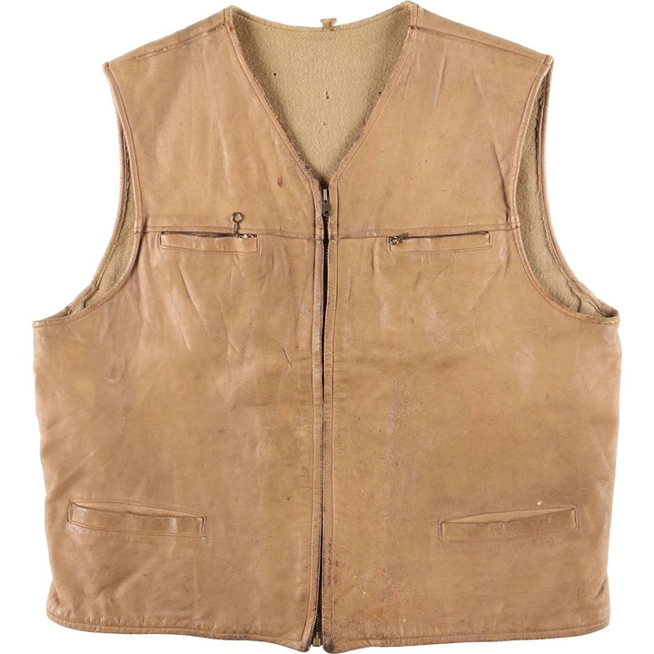 UNKNOWN Men's Vintage Leather Vest, Size L Dearskin Beige type Vintage Second Hand