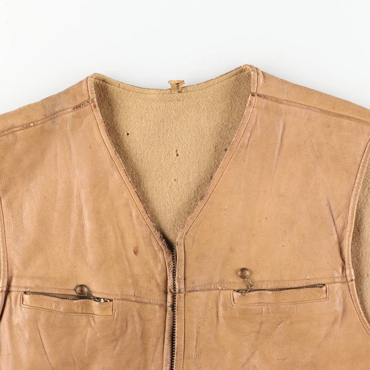 UNKNOWN Men's Vintage Leather Vest, Size L Dearskin Beige type Vintage Second Hand