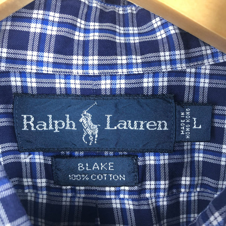 Ralph Lauren BLAKE Tartan Check Long Sleeve Button-Down Check Shirt, Men's Size L cotton navy blue type Vintage Second Hand